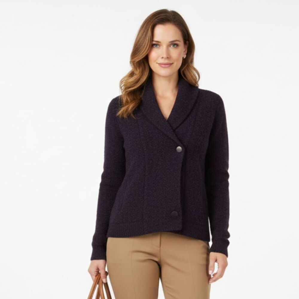 Eileen Fisher 100% wool purple woven knit long sleeve button cardigan sweater M